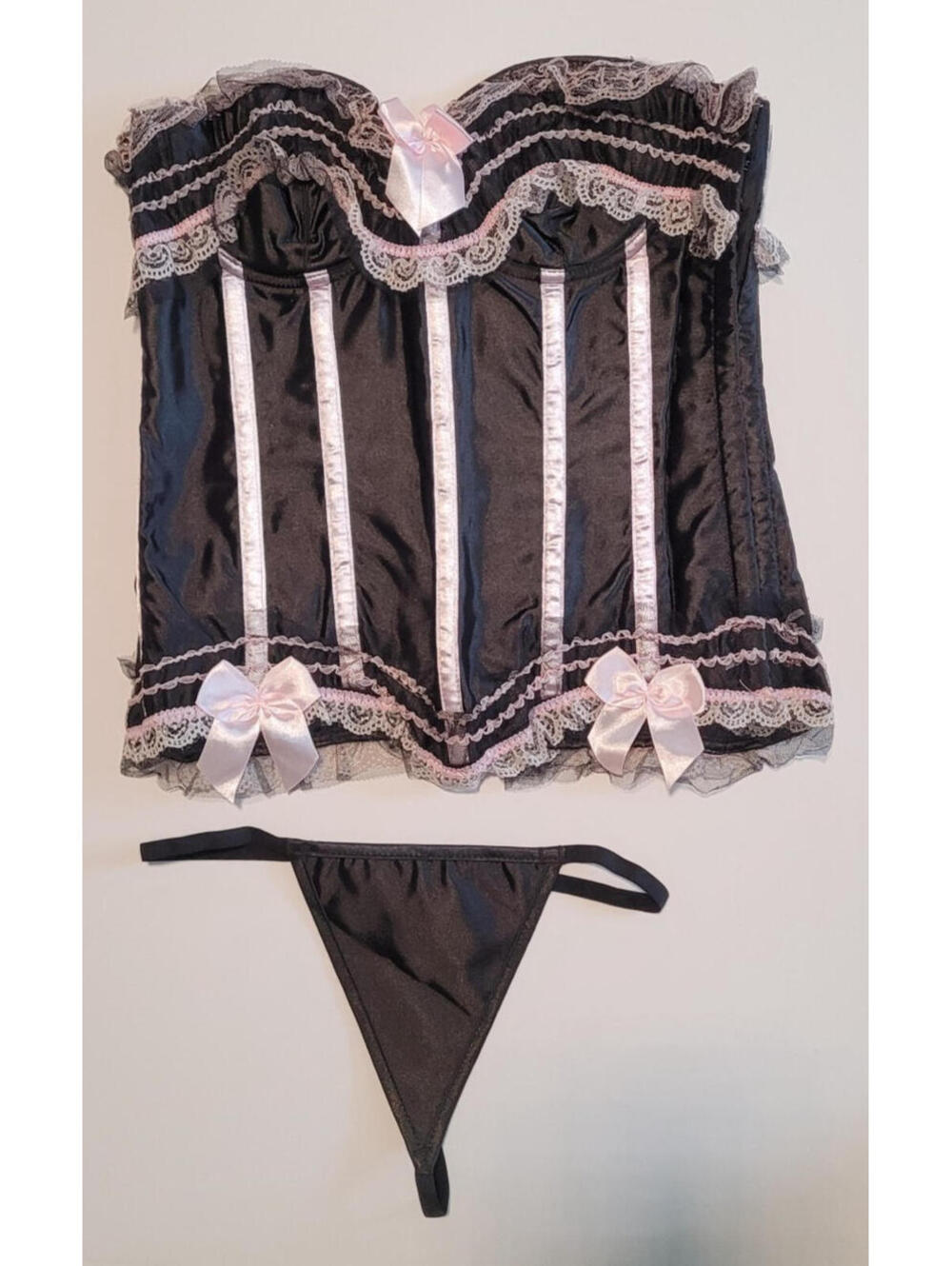 Women Lace Up Black & Pink Bustier Corset Overbust Burlesque Top Waist Cincher